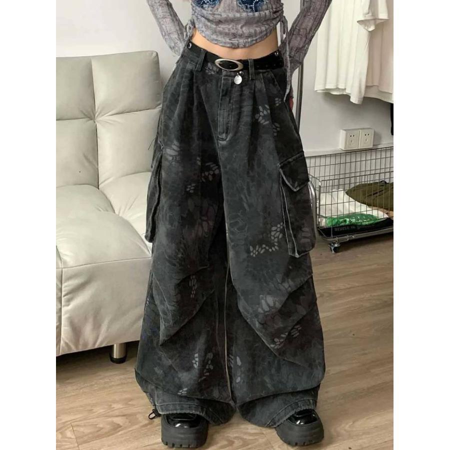 迷彩パンツ レディース パイソン柄 ヘビ柄 カーゴパンツ ワイドデニム