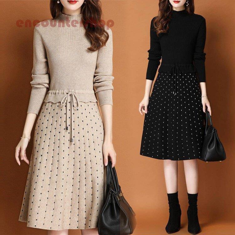 ワンピース レディース 30代 40代 50代 秋冬 膝丈 セーター メリヤス ワンピース ニットきれいめ 蝶結び ワンピース 長袖 体型カバー 通勤 着痩せ ニットワンピース レディース 30代 40代 50代 秋冬 膝丈 セーター