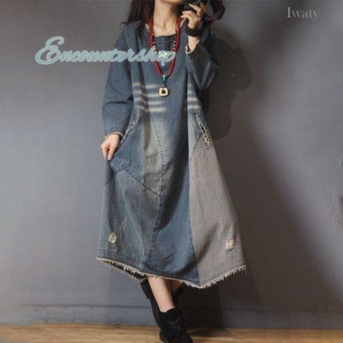 絶対流行ラウンドネック切り替えデニムワンピース : Encountershop