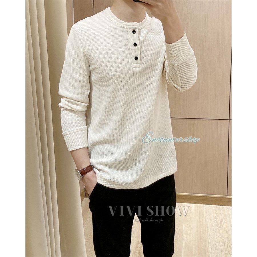 ロンT メンズ Tシャツ 長袖 ヘンリーネック ワッフル素材 ロングT
