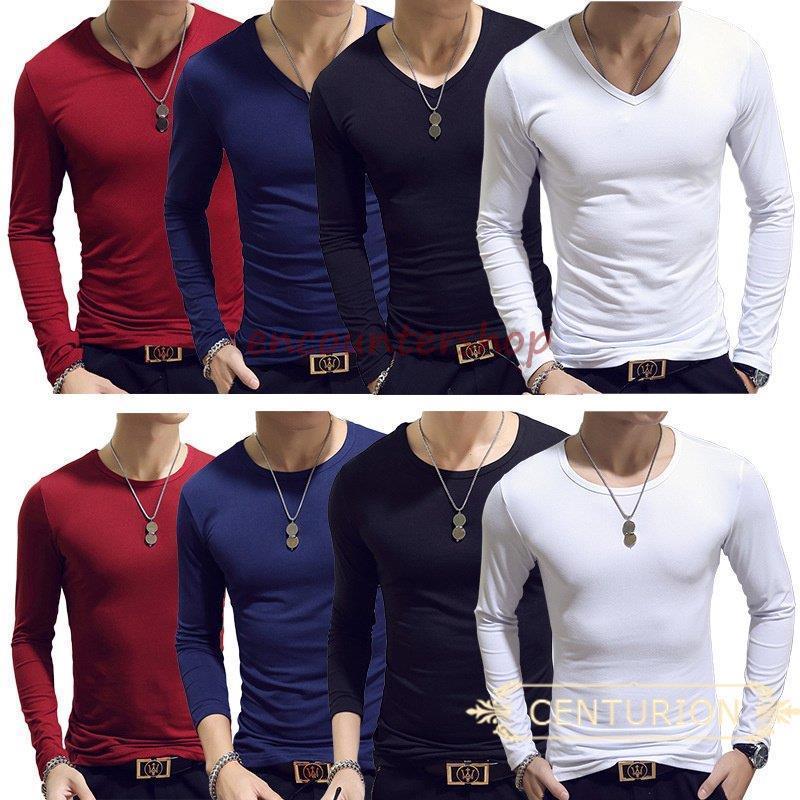 Tシャツ メンズ 長袖 春秋 ロンT カットソー 無地 Vネック 丸首