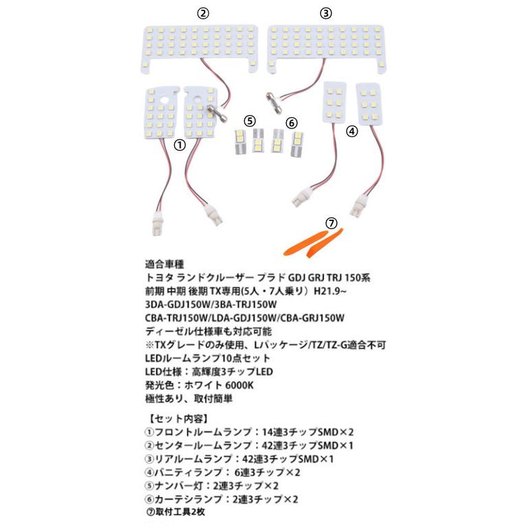 かわいい! プラド 150系 LEDルームランプ TXグレード 7人 5人乗り 用 ホワイト プラド 150系 TX-Lグレード(5人乗)ホワイトLED室内灯Cルームランプ
