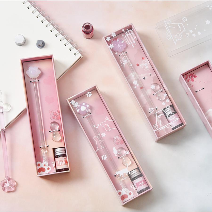 桜 さくら 肉球 ガラスペン インク ペン置きセット 専用箱入