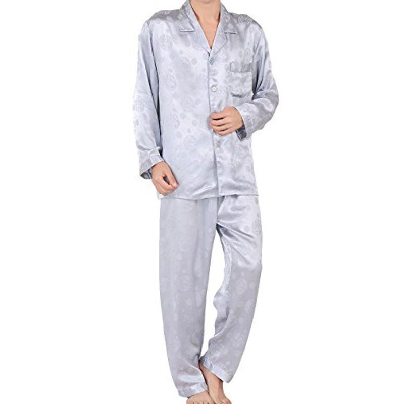 在庫処分 絹１００ メンズ パジャマ シルク ジャガード織 シルバー Xxl 男性用 長袖上下セット 中華文様柄 下着 靴下 部屋着 Oyostate Gov Ng