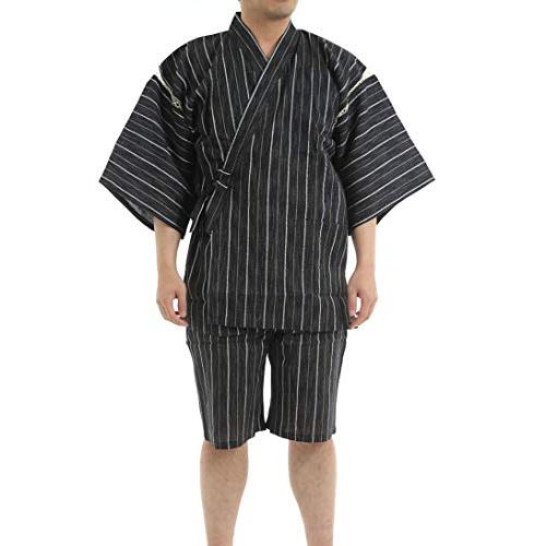 [江戸てん] 甚平 しじら織り 涼しい 夏 綿100％ 捺染プリントオリジナル柄 メンズ 背中に昇鯉 黒ストライプ M 身長175cm 185cm 身長180cm 190cm