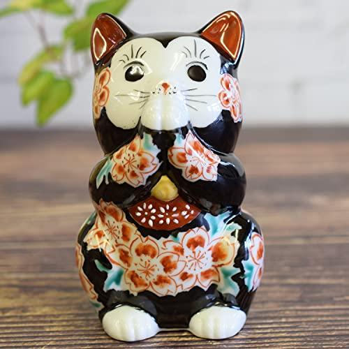 若者の大愛商品 招き猫 置物 九谷焼 3.8号 お祈り猫 黒地桜 新築祝い