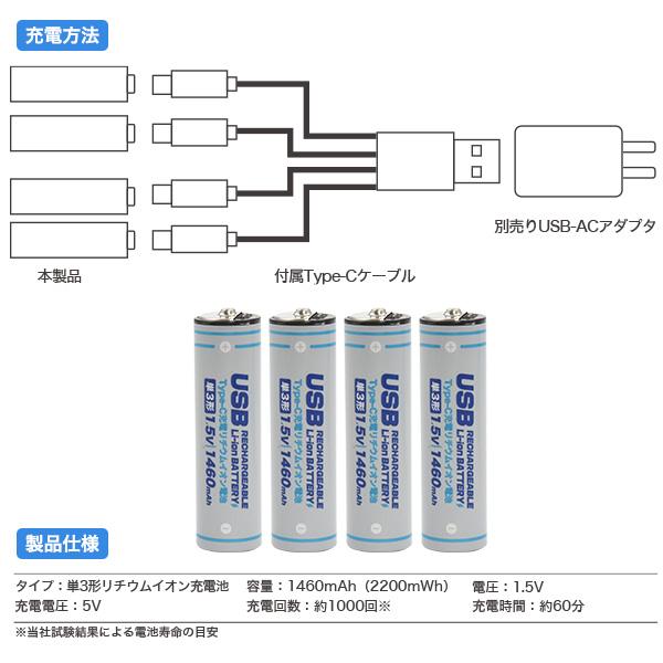 領収書発行可 Type-C 充電 リチウムイオン電池 単3形 × 4本セット 充電器不要 充電池 1460mAh 2200mWh  電圧 1.5V 充電電圧 5V 約1000回充電  単三 バッテリー｜enmo-do｜08