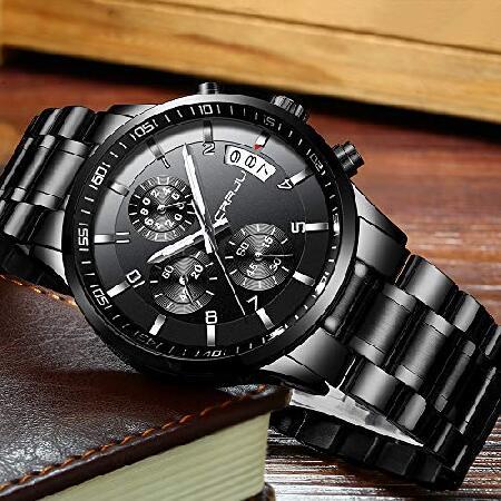 CRRJU Men's Watch Fashion Business Chronograph Quartz Wristwatches,Luxury Stainsteel Steel Band Waterproof Watch for Men Black dial｜eno｜05