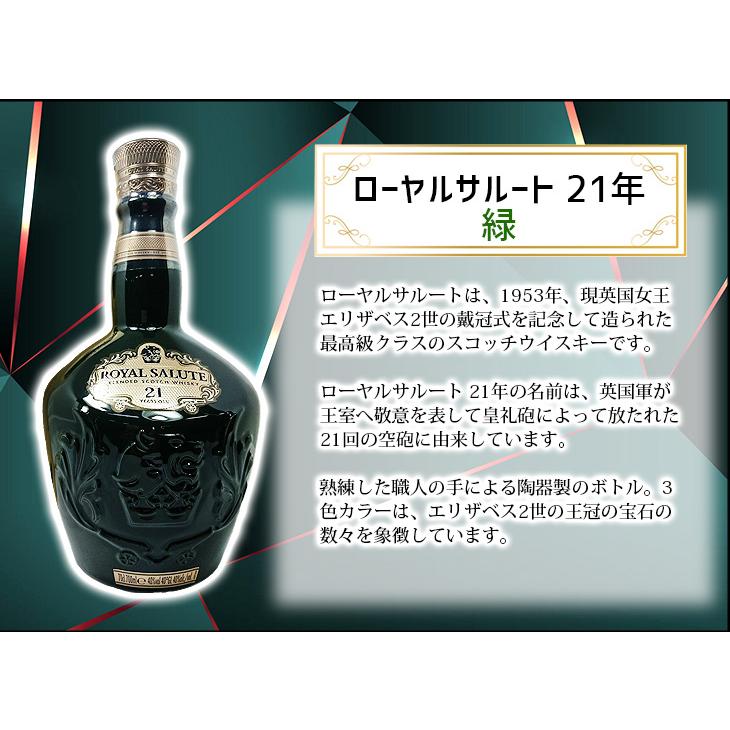 ロイヤルサルート 21年 緑ボトル 700ml ブレンデッド ウイスキー 40度 並行輸入品 箱付 旧デザイン 送料無料｜enokishouten｜03