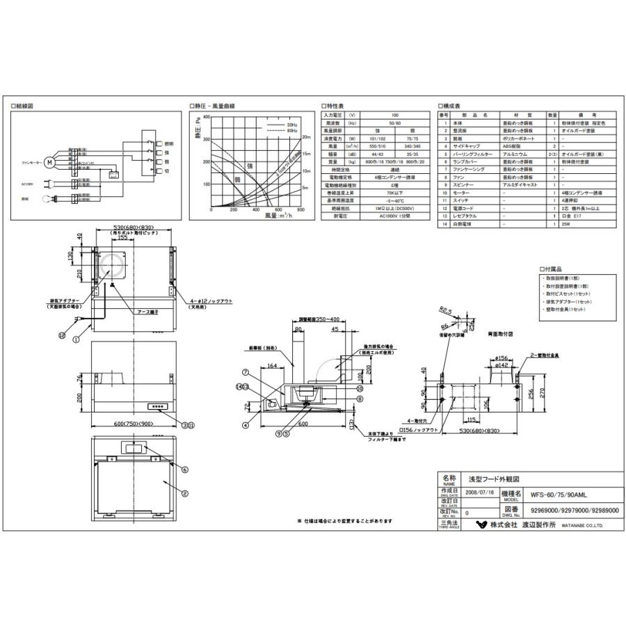 浅型レンジフードW900×D600×H200【シロッコファン】渡辺製作所 浅型レンジフードW900×D600×H200【シロッコファン】渡辺製作所