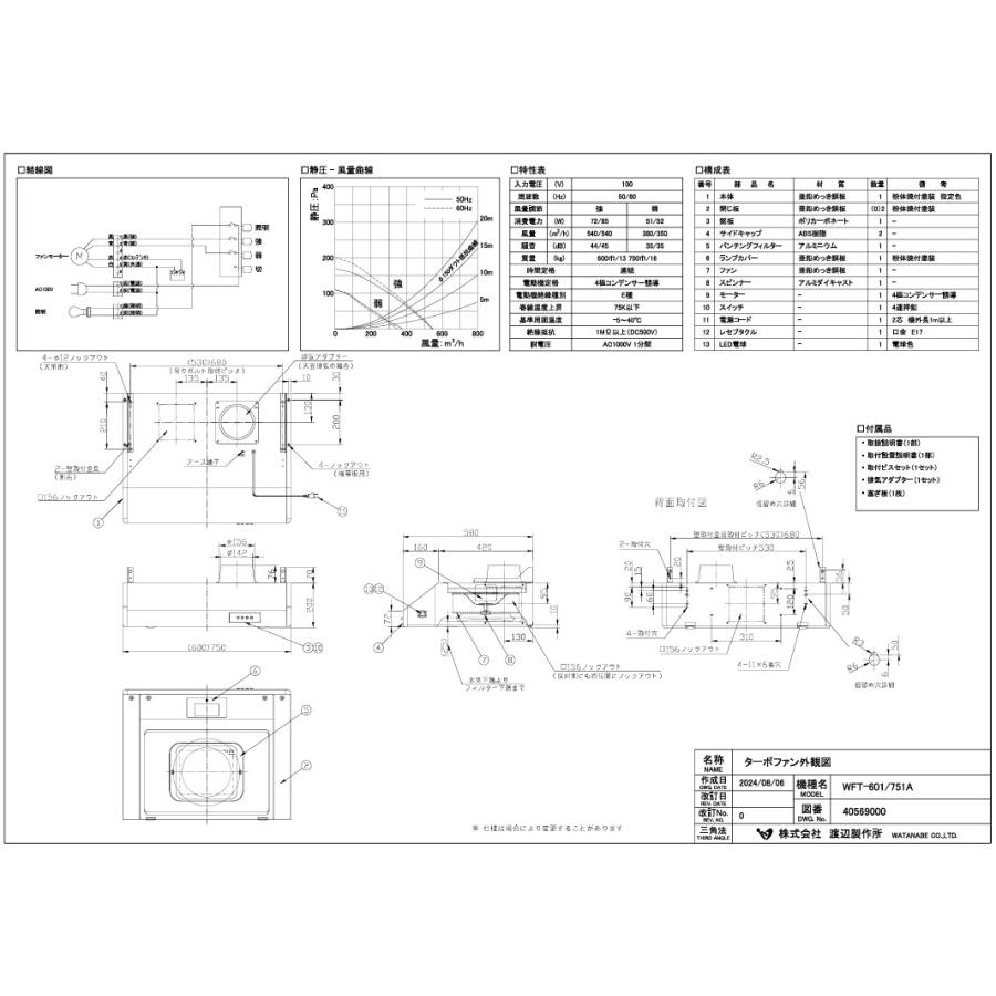 浅型レンジフードW600×D580×H200【ターボファン】渡辺製作所WFT-601Aの画像