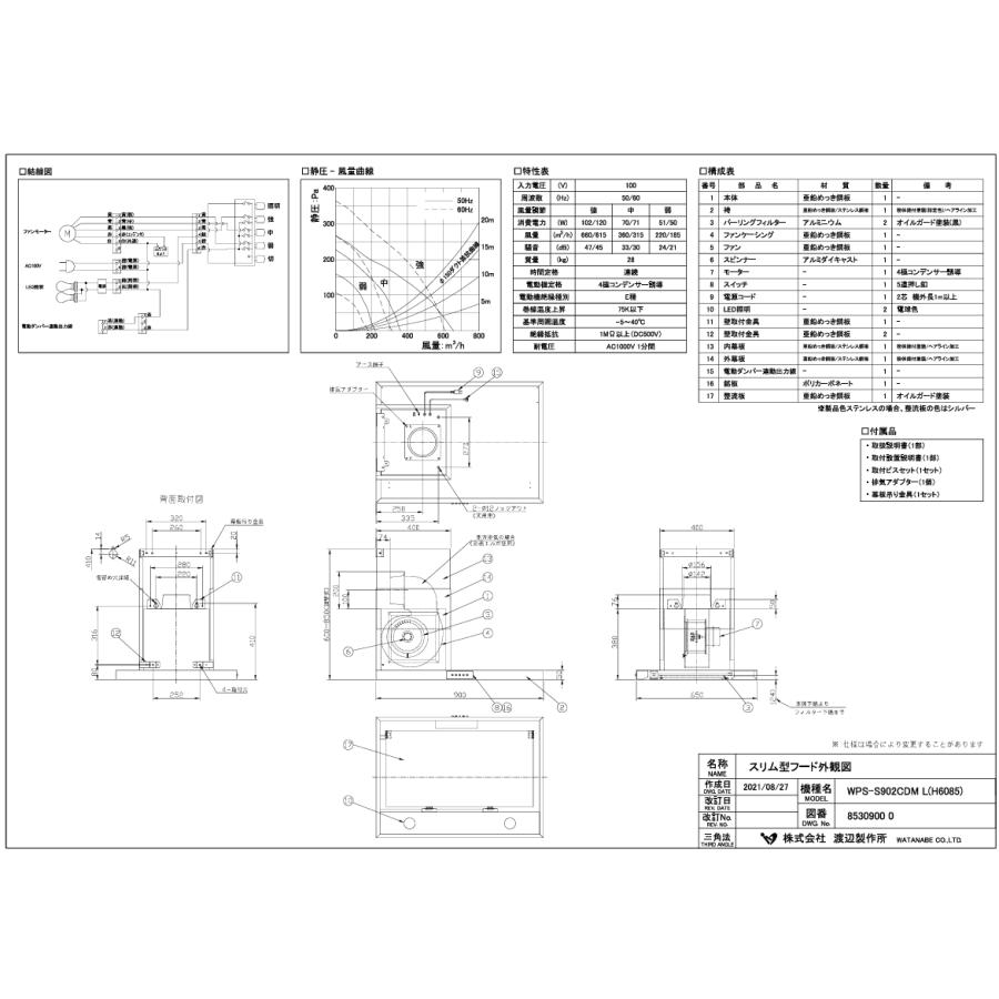 スリム型サイドフードW900×D650×総H600-850mm【シロッコファン】左右