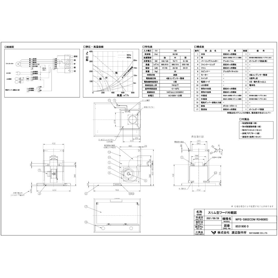 わさページ スリム型サイドフードW900×D650×総H600-850mm【シロッコファン】左右