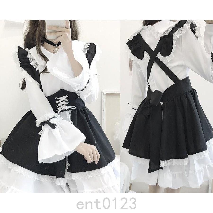 秋新作 レディース 少女 メイド服 ３点セット 丸襟 長袖 蝶結び付き 可愛い レース 着痩せ ワンピース 黒 森ガール Aライン チュニック 髪飾り 希望者のみラッピング無料 通学