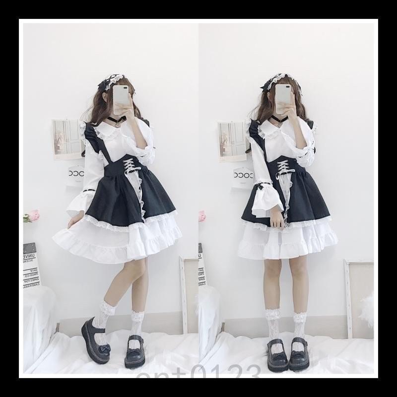 秋新作 レディース 少女 メイド服 ３点セット 丸襟 長袖 蝶結び付き 可愛い レース 着痩せ ワンピース 黒 森ガール Aライン チュニック 髪飾り 希望者のみラッピング無料 通学