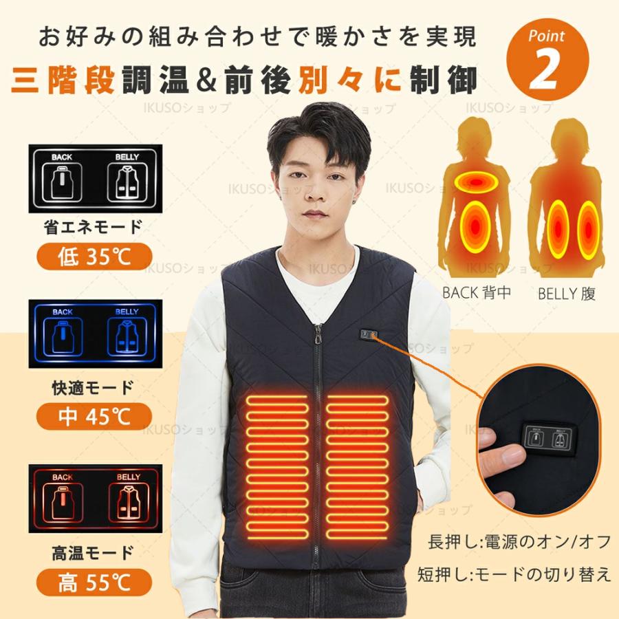 電熱ベスト【バッテリー付き】  日本製ヒーター 加熱ベスト 前後独立温度設定 レディース メンズ 電熱ジャケット ヒーターベスト 中綿 3段階調温 速暖 2024年秋冬モデル 電熱ベスト 日本製 バッテリー 速暖 超大発熱 加熱