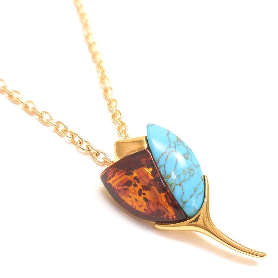 entiere ネックレス ペンダント 琥珀 アンバー ターコイズ 花