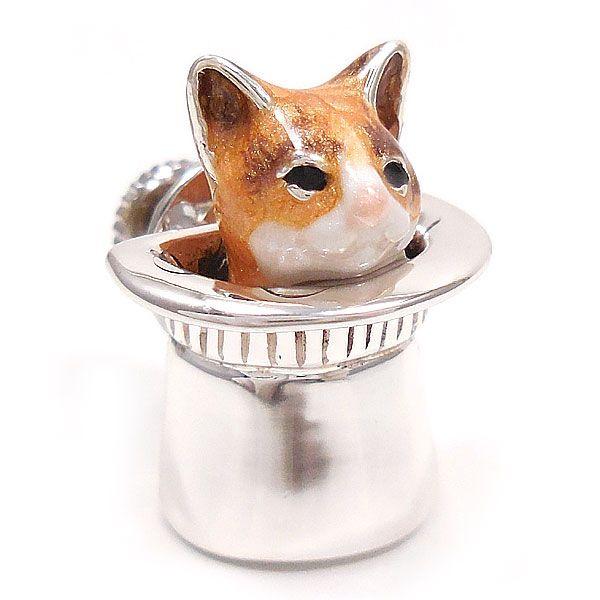 ピンブローチ ラペルピン シルバー925 帽子 ネコ 猫 はちわれ 茶 イタリア製 サツルノ メンズ レディース プレゼント ギフト