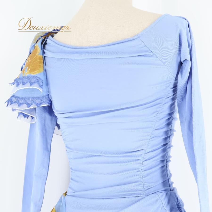 中古 Chacott チャコット 社交ダンス 衣装 日本製 ドレス スタンダード ホワイト系 ブルー系 ゴールド系 水色 フリル レース 花柄 お洒落 高級感 上品 綺…_6