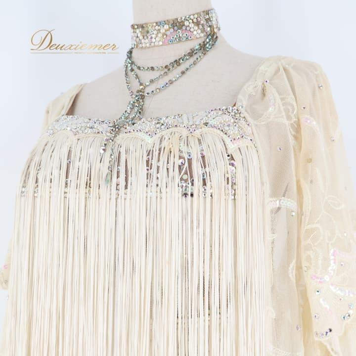 中古社交ダンス 衣装 ラテン ドレス ワンピース 白 フリンジ デモ 競技