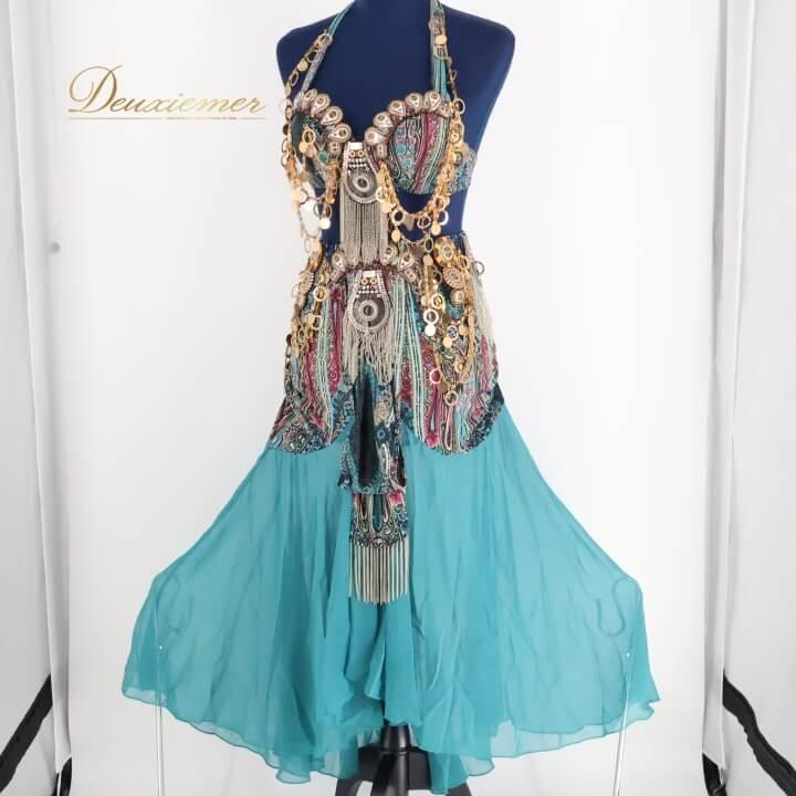 中古)ベリーダンス衣装 中古】ベリーダンス オリエンタル 衣装 上下セット Qiaoshi 青緑