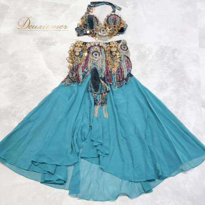 中古)ベリーダンス衣装 中古】ベリーダンス オリエンタル 衣装 上下セット Qiaoshi 青緑