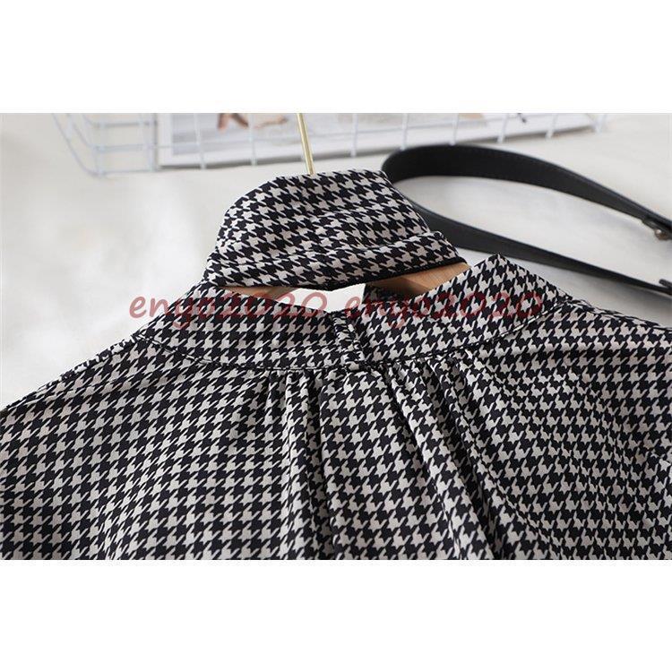 ブラウス トップス 長袖 千鳥柄 ボウタイ リボンタイ フリル オフィス