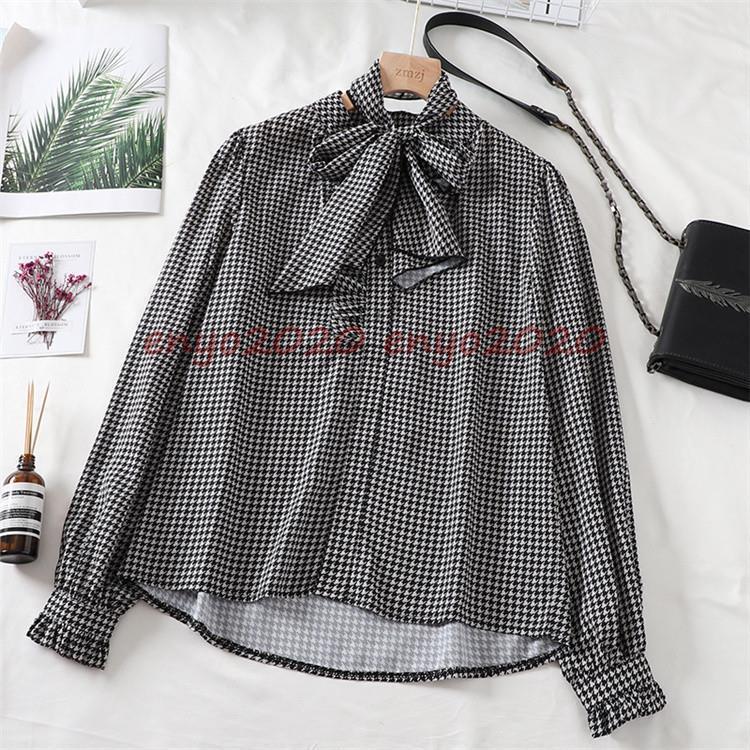 ブラウス ス 長袖 千鳥柄 ボウタイ リボンタイ フリル オフィスカジュアル 千鳥柄ボウタイブラウス ブラウス トップス 長袖 千鳥柄 ボウタイ リボンタイ フリル オフィス