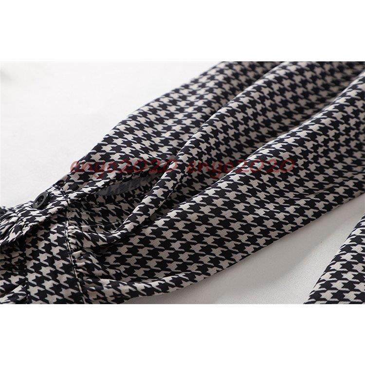 ブラウス トップス 長袖 千鳥柄 ボウタイ リボンタイ フリル オフィス