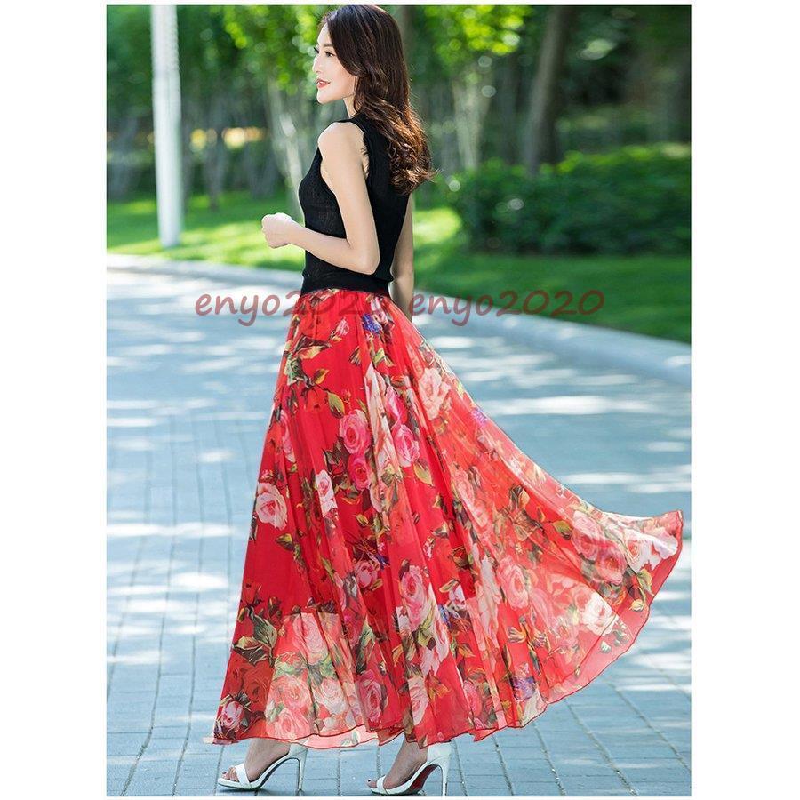 スカート 花柄 ロングフレア シフォン 大人 春 夏 30代 40代