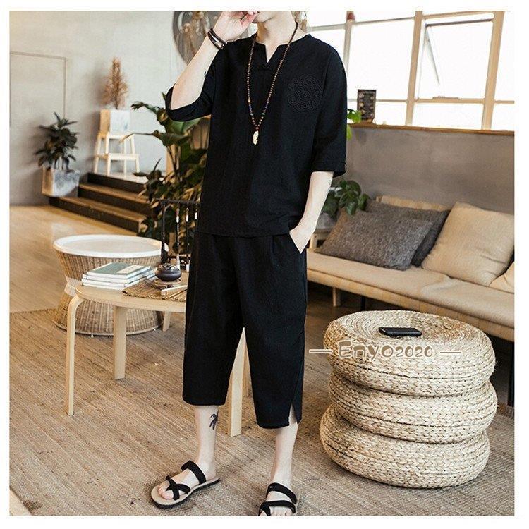 セットアップ メンズ 夏 半袖 リネン ジャージ 上下セット スウェット