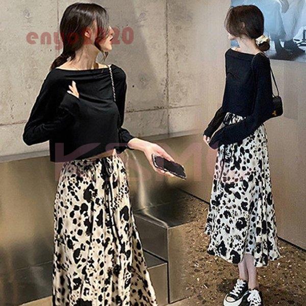 海外の正規 セットアップ レディース 40代 秋新作 長袖tシャツ ボートネック ヒョウ柄フレアスカート黒白 上下セット オシャレワンピース 大人 韓国風 40代 売れ筋最安 Www Superavila Com