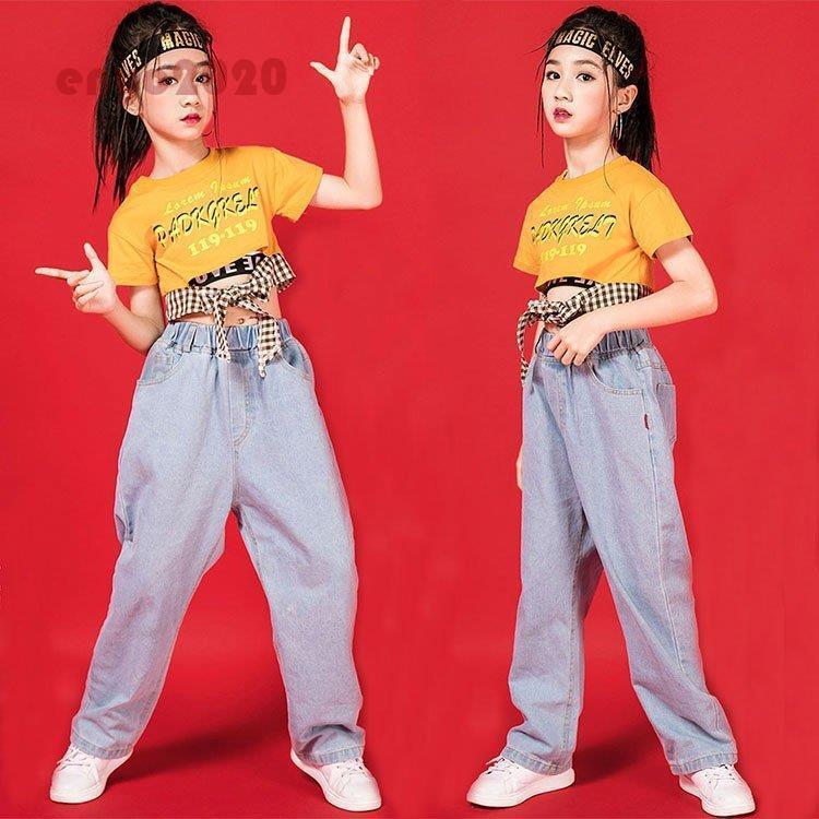 ファッションデザイナー キッズ ダンス衣装 ヒップホップ Hiphop セットアップ へそ出し トップス Tシャツ ダンス デニム ジーンズ パンツ ガールズ チアダンス 女の子 練習着 発表会 Materialworldblog Com
