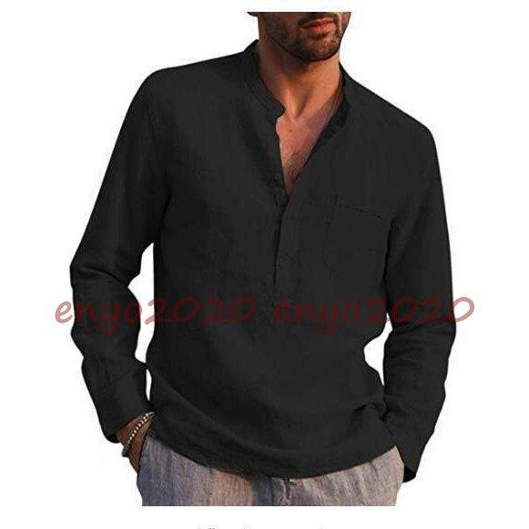 リネンシャツ メンズ 長袖 無地 麻混シャツカジュアルシャツ 夏