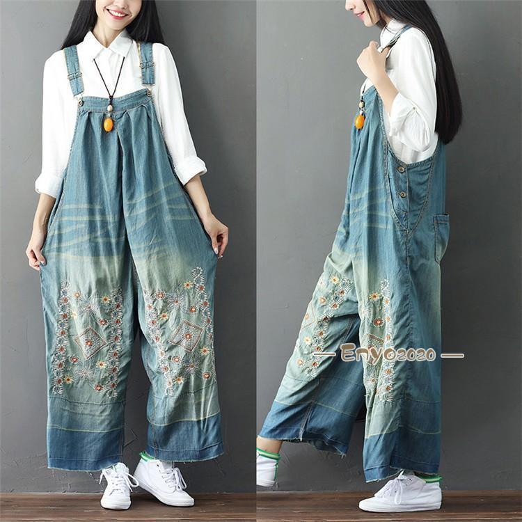 花柄刺繍 サロペット デニム ゆったり レディース オーバーオール