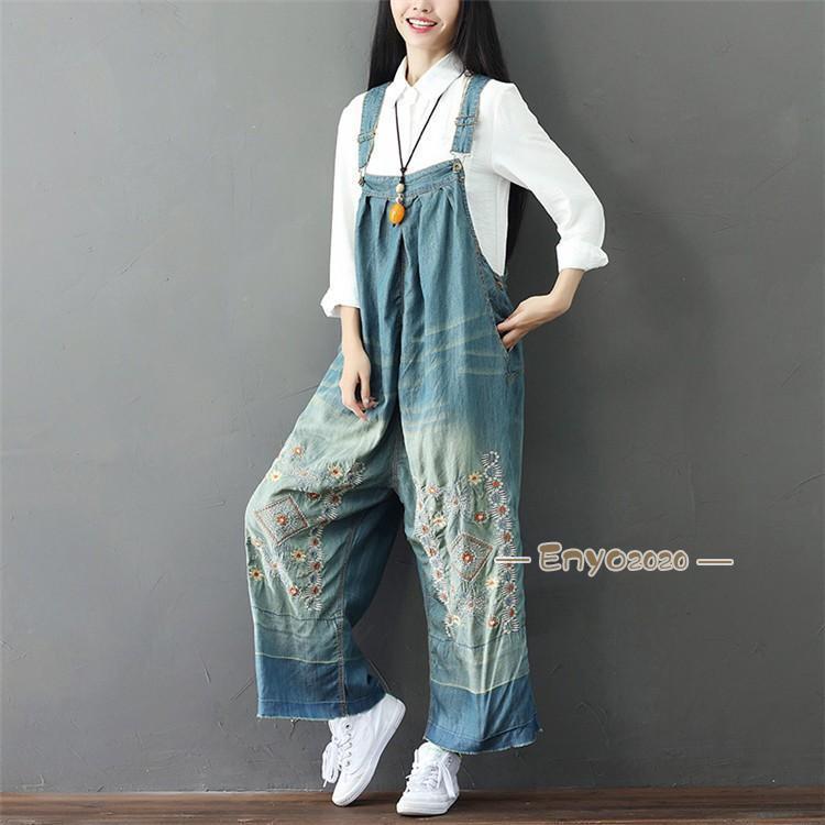 花柄刺繍 サロペット デニム ゆったり レディース