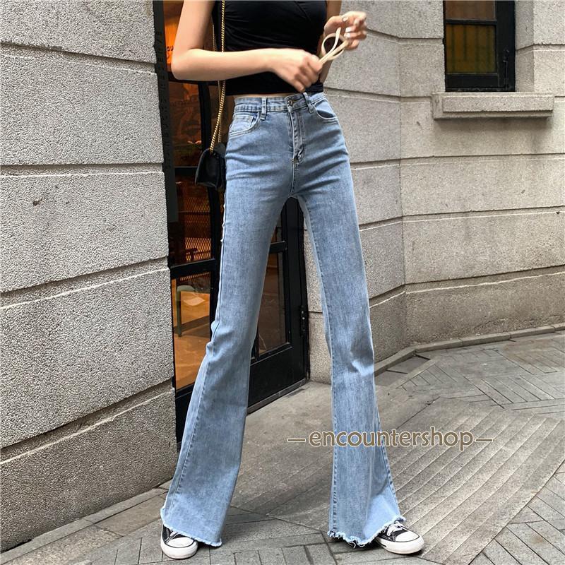ブーツカット デニムパンツ レディース フレア ロング丈 カットオフ