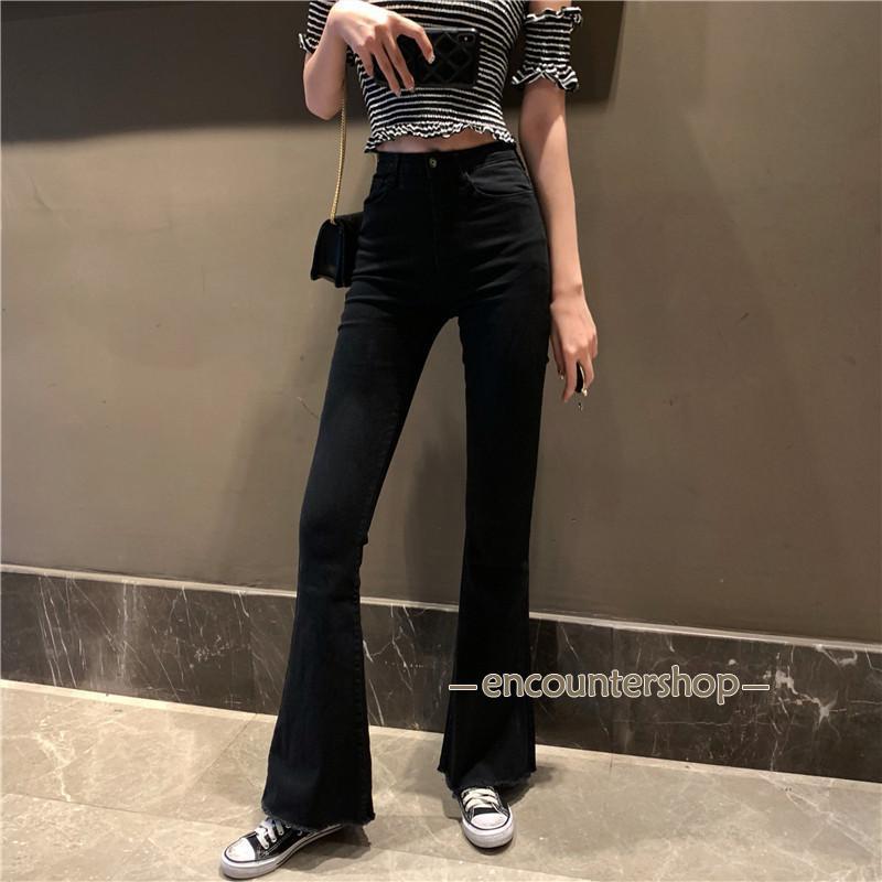 ブーツカット デニムパンツ レディース フレア ロング丈 カットオフ