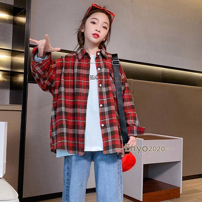 チェックシャツ ジュニア 子供 春秋 女の子 長袖シャツ キッズ 子供服 