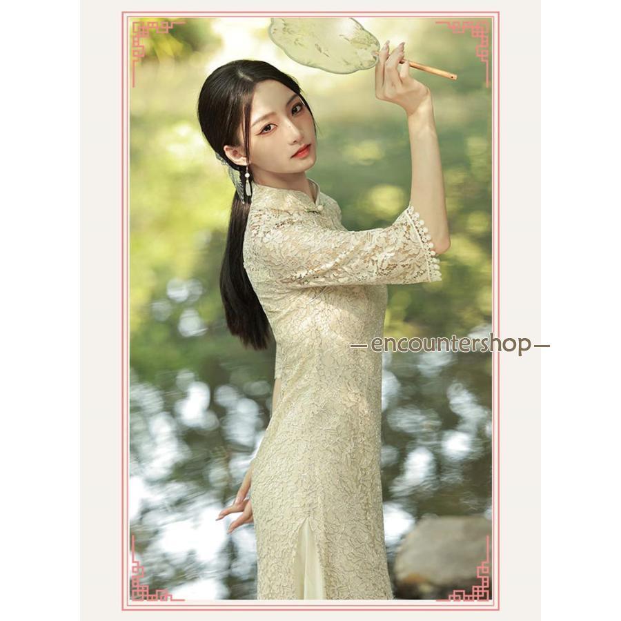 アオザイ 透け アオザイ ドレス ワンピース 大人 レディース ロングドレス ロングワンピース チャイナドレス 総レース ドッキング 膝丈 オシャレ 7分袖 透け