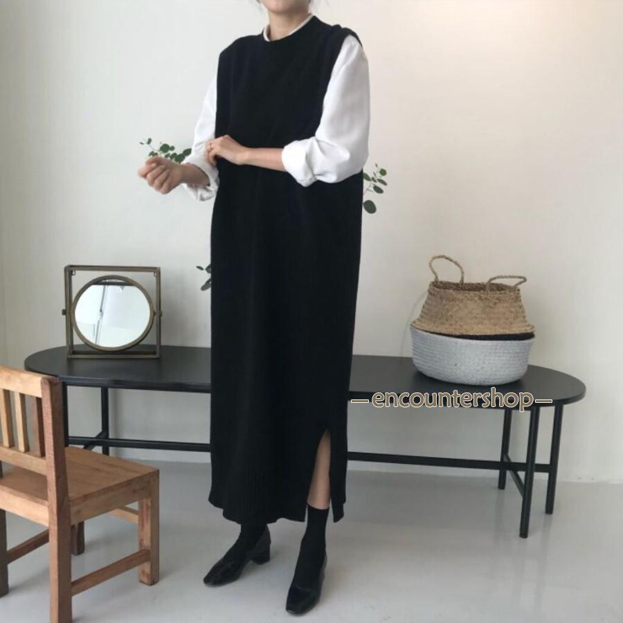 ニットベスト レディース ベストワンピース ロング トップス プルオーバー クルーネック ゆったり レイヤード セーター ノースリーブ 体型 ...