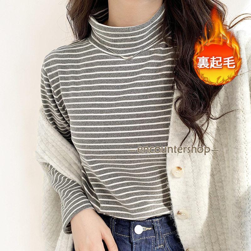 カットソー 裏起毛 レディース トップス 長袖 ボーダー Tシャツ 暖か 裏フリース 秋 冬 タートルネック インナー 防寒 重ね着 保温 ...