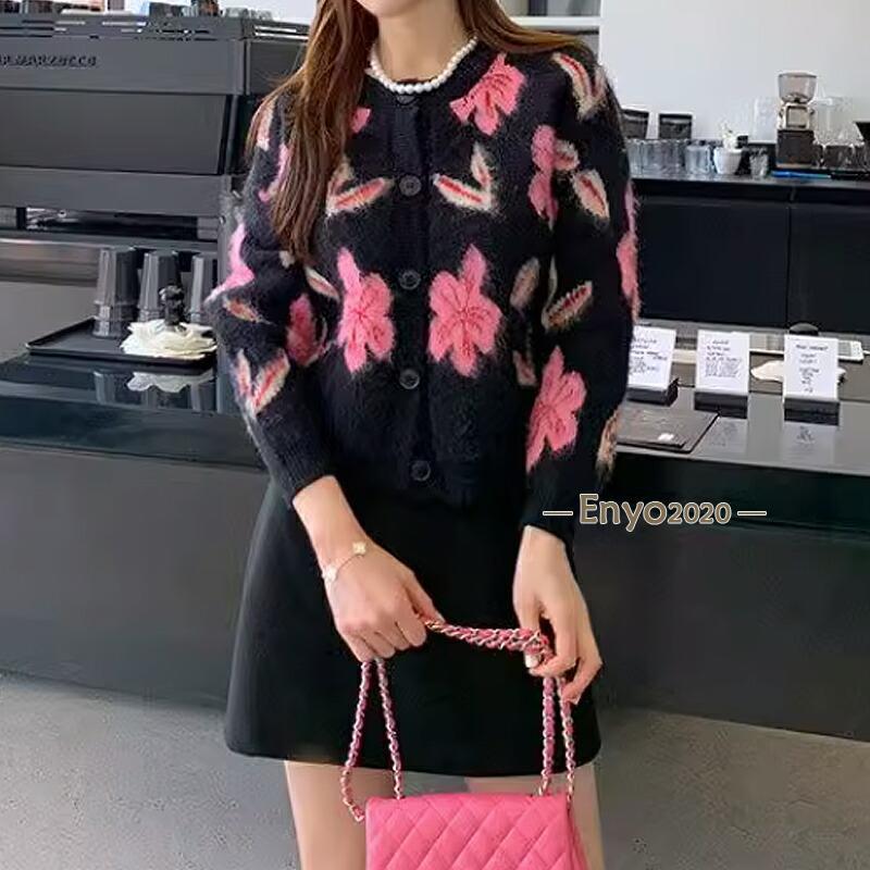 カーディガン レディース ニット 花柄 モヘア風 ニットカーディガン 長袖 アウター ゆったり ラウンドネック トップス ふんわり 柔らかい 暖かい 羽織り 羽 カーディガン レディース ニット 花柄 モヘア風 ニット
