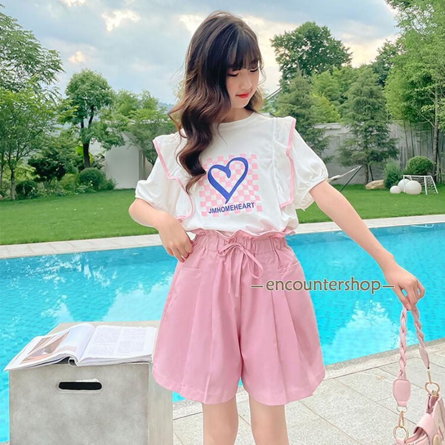 セットアップ 女の子 夏 キュロット ナチュラル キッズ ジーンズ 半ズボン ワイドパンツ 半袖 ゆったり リゾート こども 可愛い きれいめ ...