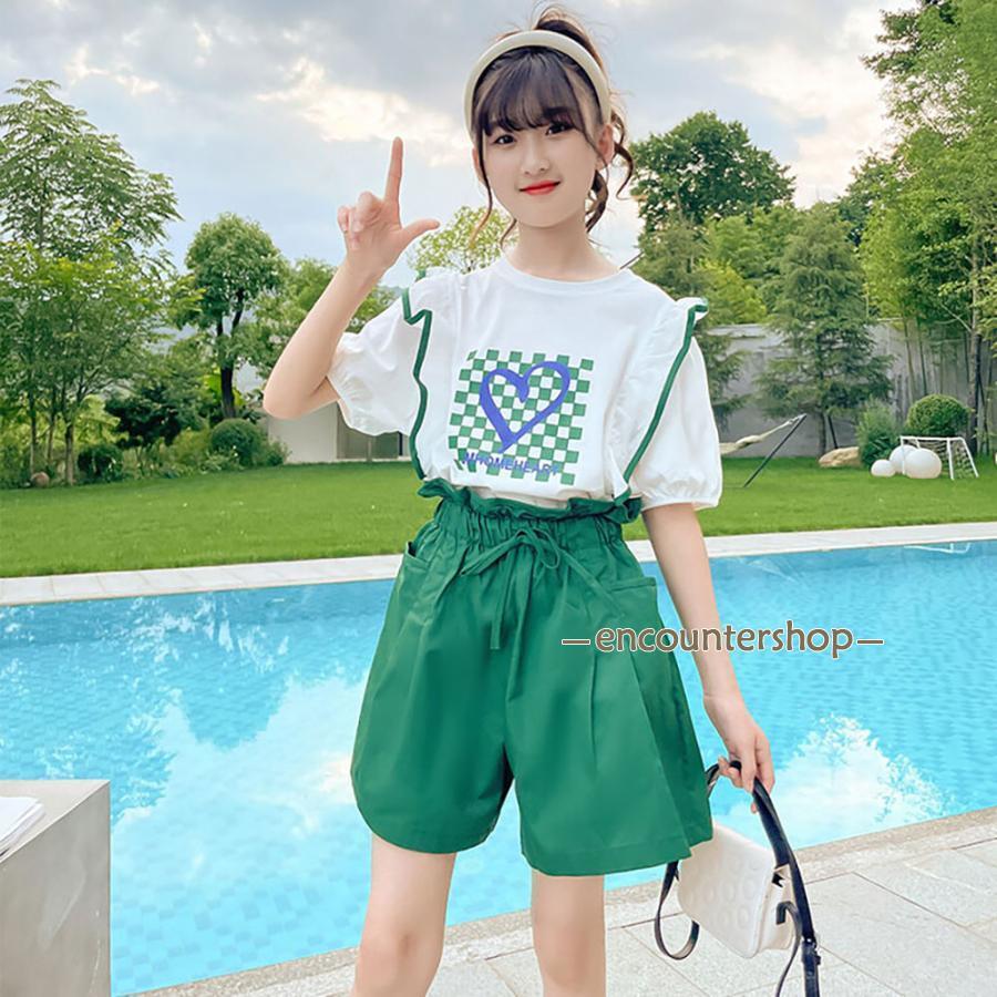 セットアップ 女の子 夏 キュロット ナチュラル キッズ ジーンズ 半ズボン ワイドパンツ 半袖 ゆったり リゾート こども 可愛い きれいめ ...
