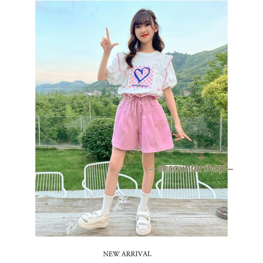 セットアップ 女の子 夏 キュロット ナチュラル キッズ ジーンズ 半ズボン ワイドパンツ 半袖 ゆったり リゾート こども 可愛い きれいめ ...
