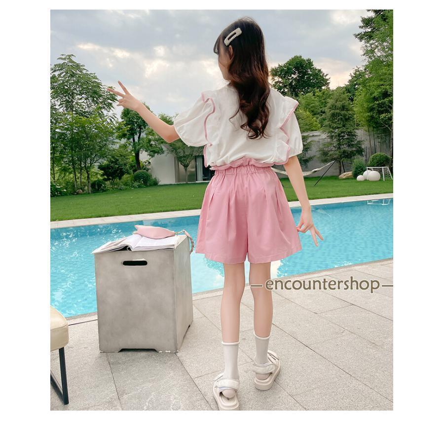 セットアップ 女の子 夏 キュロット ナチュラル キッズ ジーンズ 半ズボン ワイドパンツ 半袖 ゆったり リゾート こども 可愛い きれいめ ...