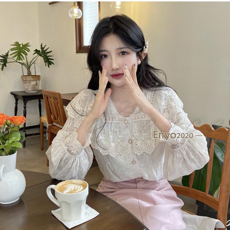 レースブラウス レディース 長袖 Vネック フリル襟 フレア ボリューム