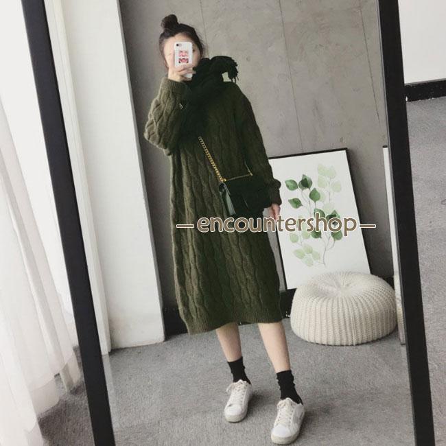 24ans 厚手 ケーブルニットワンピース　イヨンジ着用 ニットワンピース レディース 厚手 ロングニット ケーブル編み