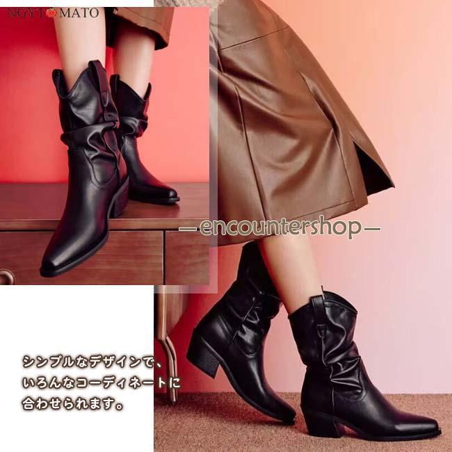 ショートブーツ レディース 太めヒール ブーツ ミドル丈 ウエスタン